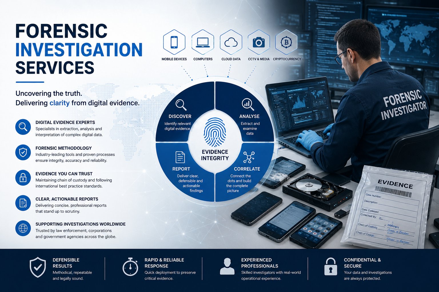 Forensic Investigation Services overview graphic showing mobile device, computer, cloud, CCTV and cryptocurrency evidence sources feeding into the Discover, Analyse, Correlate and Report evidence integrity process.