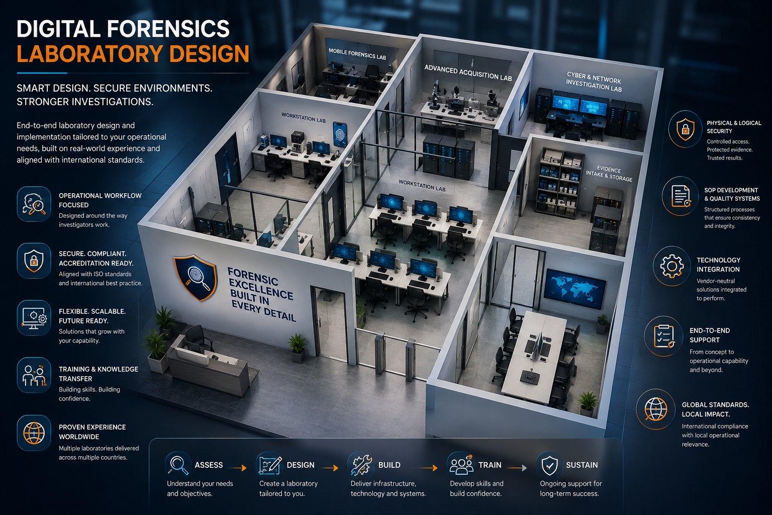 Isometric illustration of a digital forensics laboratory layout, showing the mobile forensics lab, advanced acquisition lab, cyber and network investigation lab, evidence intake and workstation areas, with the Assess, Design, Build, Train, Sustain methodology.